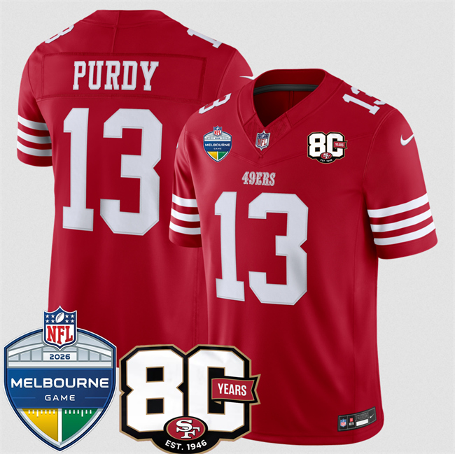 Men's San Francisco 49ers #13 Brock Purdy Red 80th Anniversary And Melbourne Game Patch 2026 F.U.S.E. Vapor Untouchabl2026 F.U.S.E. Vapor Untouchable Limited Stitched Football Jersey