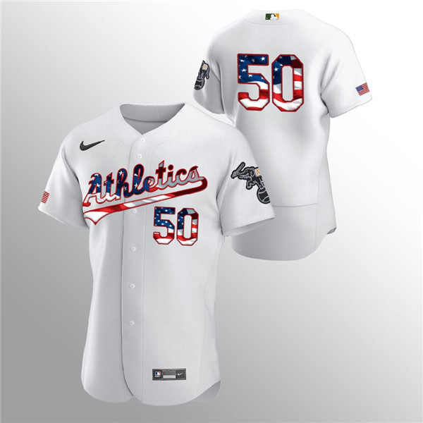 Men's Oakland Athletics #50 Mike Fiers White 2020 Stars & Stripes Flex Base Stitched Jersey Men's Oakland Athletics #50 Mike Fiers White 2020 Stars & Stripes Flex Base Stitched Jersey