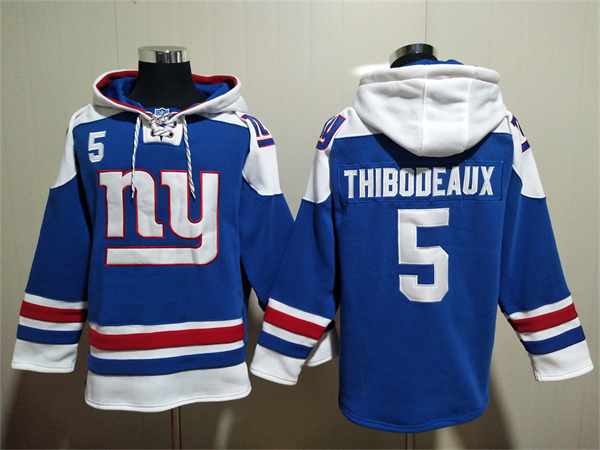 Men's New York Giants #5 Kayvon Thibodeaux Blue Lace-Up Pullover Hoodie Men's New York Giants #5 Kayvon Thibodeaux Blue Lace-Up Pullover Hoodie