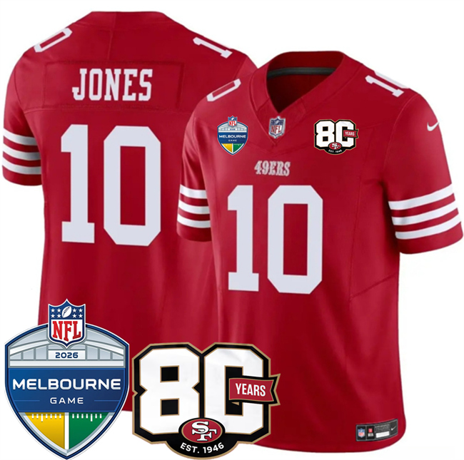 Men's San Francisco 49ers #10 Mac Jones Red 80th Anniversary And Melbourne Game Patch 2026 F.U.S.E. Vapor Untouchabl 2026 F.U.S.E. Vapor Untouchable Limited Stitched Football Jersey