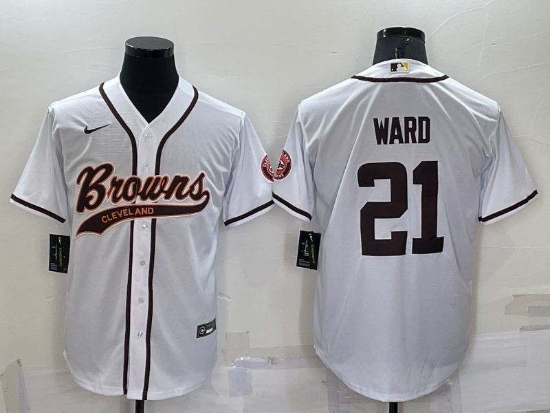 Men's Cleveland Browns #21 Denzel Ward White With Patch Cool Base Stitched Baseball Jersey Men's Cleveland Browns #21 Denzel Ward White With Patch Cool Base Stitched Baseball Jersey