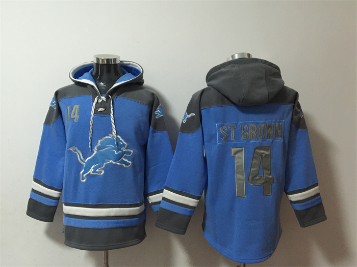 Men's Detroit Lions #14 Amon-Ra St. Brown Blue Ageless Must-Have Lace-Up Pullover Hoodie Men's Detroit Lions #14 Amon-Ra St. Brown Blue Ageless Must-Have Lace-Up Pullover Hoodie