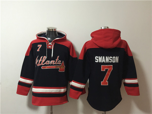 Men's Atlanta Braves #7 Dansby Swanson Navy/Red Ageless Must-Have Lace-Up Pullover Hoodie Men's Atlanta Braves #7 Dansby Swanson Navy/Red Ageless Must-Have Lace-Up Pullover Hoodie