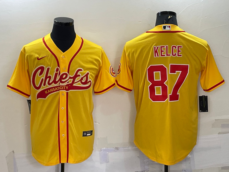 Men's Kansas City Chiefs #87 Travis Kelce Gold With Patch Cool Base Stitched Baseball Jersey Men's Kansas City Chiefs #87 Travis Kelce Gold With Patch Cool Base Stitched Baseball Jersey
