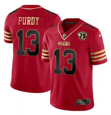 Men's San Francisco 49ers #13 Brock Purdy Red Gold With 75th Patch Stitched Football Jersey Men's San Francisco 49ers #13 Brock Purdy Red Gold With 75th Patch Stitched Football Jersey