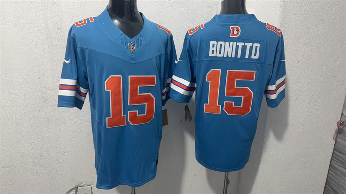 Men's Denver Broncos #15 Nik Bonitto Blue F.U.S.E. With Patch Throwback Vapor Limited Stitched Football Jersey