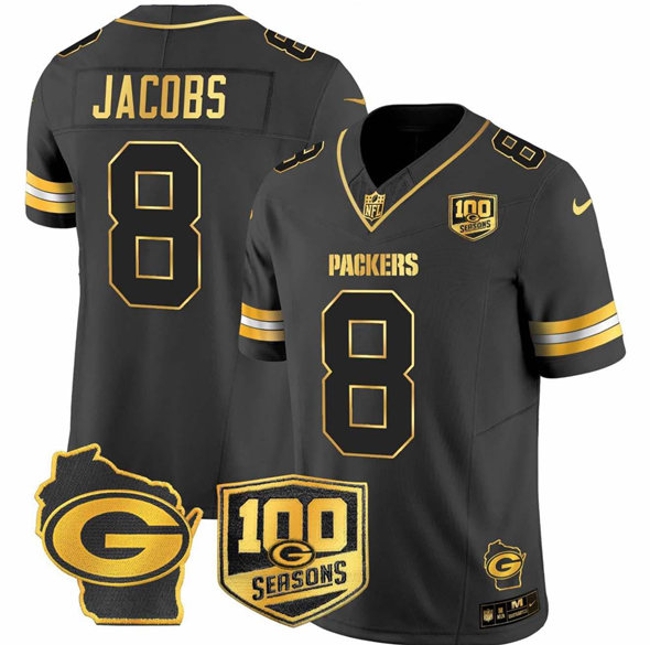 Men's Green Bay Packers #8 Josh Jacobs #8 Josh Jacobs Black Gold F.U.S.E.100 seasons With Home Patch Limited Stitched Football Je