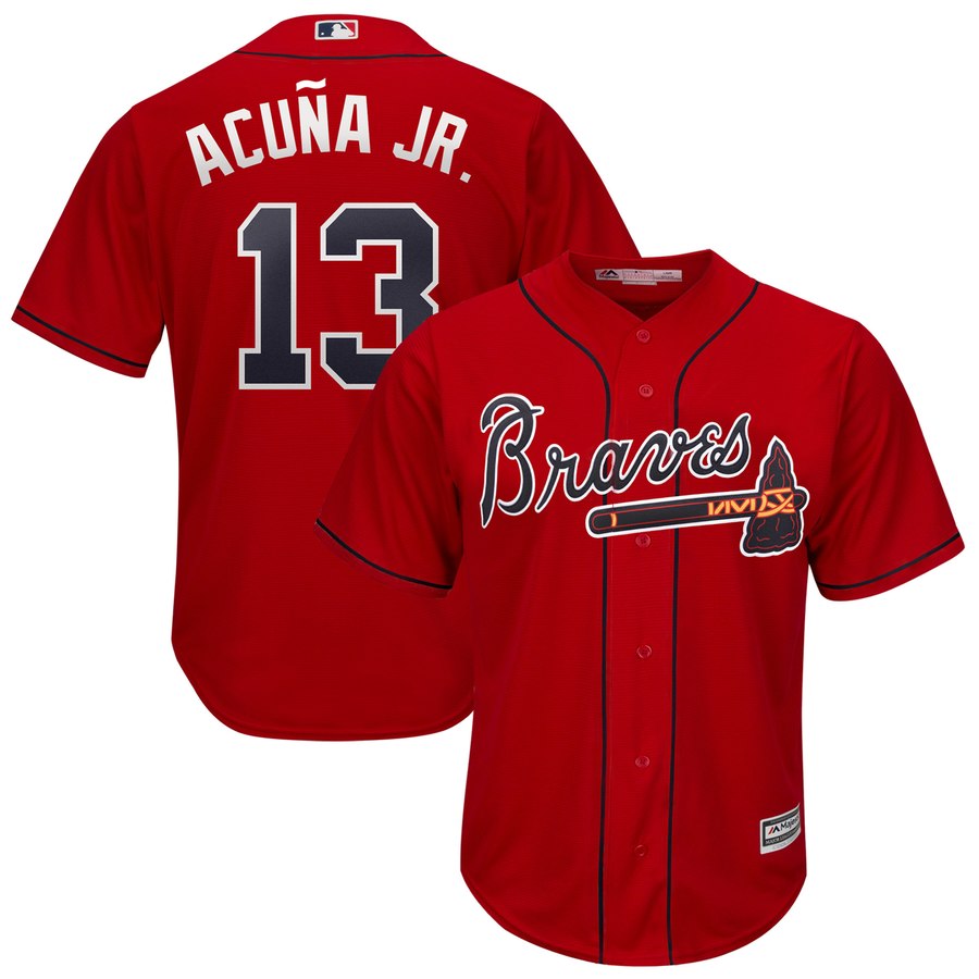 Atlanta Braves #13 Ronald Acuna Jr. Majestic 2019 Alternate Official Cool Base Player Jersey Scarlet Atlanta Braves #13 Ronald Acuna Jr. Majestic 2019 Alternate Official Cool Base Player Jersey Scarlet