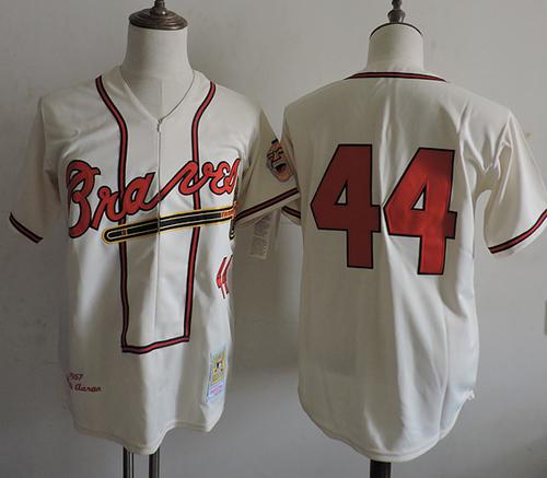 Mitchell And Ness 1957 Braves #44 Hank Aaron Cream Throwback Stitched MLB Jersey Mitchell And Ness 1957 Braves #44 Hank Aaron Cream Throwback Stitched MLB Jersey