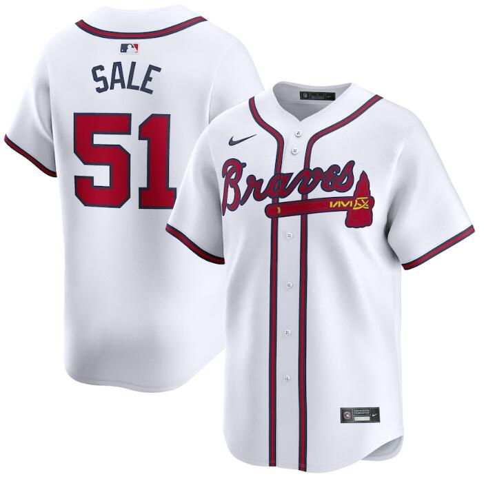 Men's Atlanta Braves #51 Chris Sale White 2024 Home Limited Stitched Baseball Jersey Men's Atlanta Braves #51 Chris Sale White 2024 Home Limited Stitched Baseball Jersey