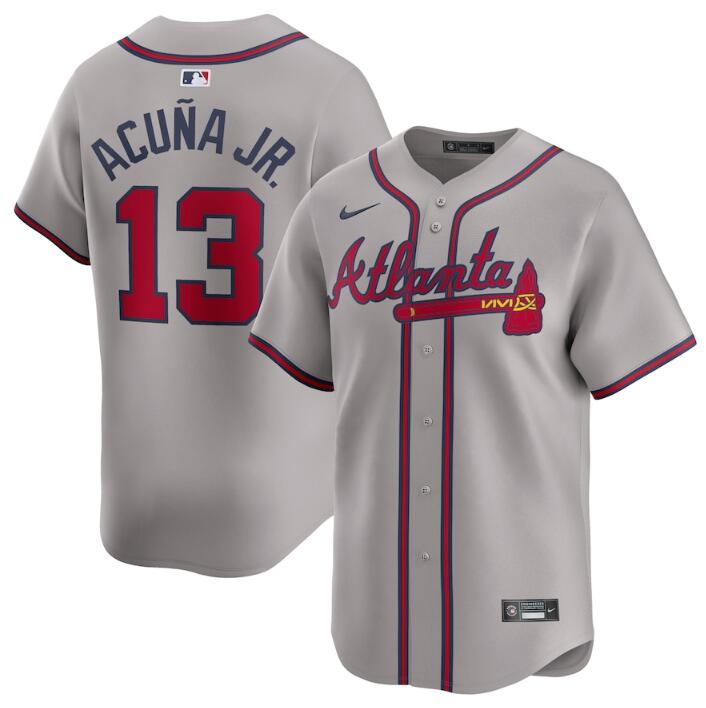 Men's Atlanta Braves #13 Ronald Acuña Jr. Grey 2024 Away Limited Stitched Baseball Jersey Men's Atlanta Braves #13 Ronald Acuña Jr. Grey 2024 Away Limited Stitched Baseball Jersey