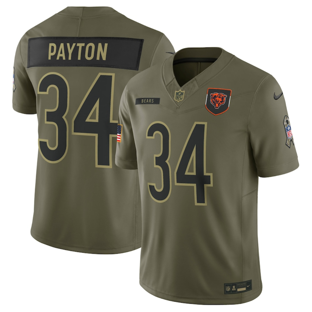 Men's Chicago Bears #34 Walter Payton Olive 2025 Salute to Service Limited Stitched Football Jersey