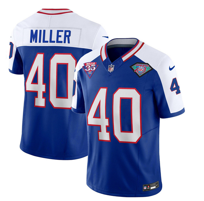 Men's Buffalo Bills #40 Von Miller Blue/White 75th Anniversary 2023 F.U.S.E. Throwback Vapor Untouchable Limited Stitched Jersey Men's Buffalo Bills #40 Von Miller Blue/White 75th Anniversary 2023 F.U.S.E. Throwback Vapor Untouchable Limited Stitched Jersey