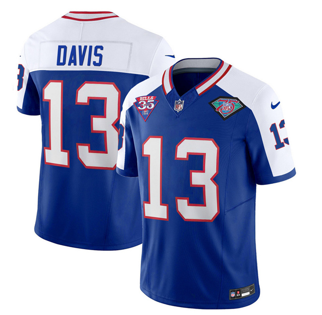 Men's Buffalo Bills #13 Gabe Davis Blue/White 75th Anniversary 2023 F.U.S.E. Throwback Vapor Untouchable Limited Stitched Jersey Men's Buffalo Bills #13 Gabe Davis Blue/White 75th Anniversary 2023 F.U.S.E. Throwback Vapor Untouchable Limited Stitched Jersey