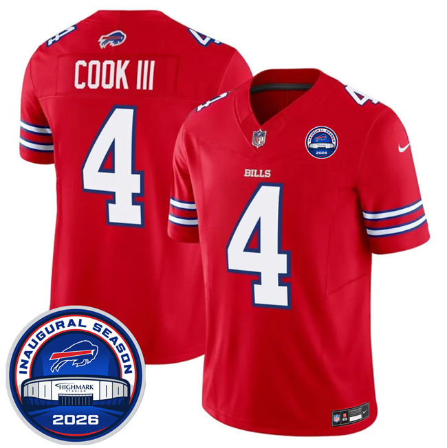 Men's Buffalo Bills #4 James Cook III Red F.U.S.E. 2026 Inaugural Season at Highmark Stadium Stitched Football Jersey Men's Buffalo Bills #4 James Cook III Red F.U.S.E. 2026 Inaugural Season at Highmark Stadium Stitched Football Jersey