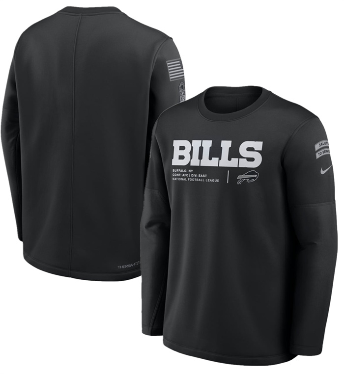 Men's Buffalo Bills Black 2026 Salute to Service Sideline Coaches Crewneck Therma-FIT Sweatshirt