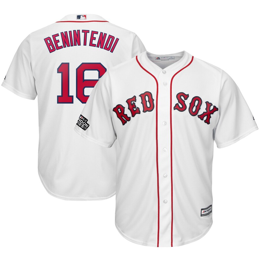 Boston Red Sox #16 Andrew Benintendi Majestic 2019 London Series Cool Base Player Jersey White Boston Red Sox #16 Andrew Benintendi Majestic 2019 London Series Cool Base Player Jersey White