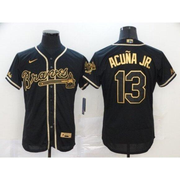 Men's Atlanta Braves #13 Ronald Acuña Jr 2020 Black Golden Flex Base Stitched MLB Jersey Men's Atlanta Braves #13 Ronald Acuña Jr 2020 Black Golden Flex Base Stitched MLB Jersey