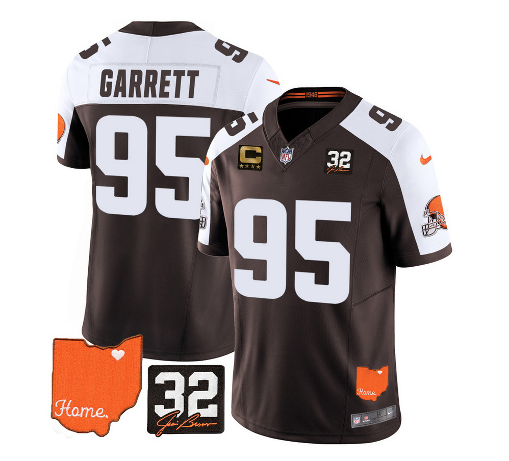 Men's Cleveland Browns #95 Myles Garrett Brown/White 2023 F.U.S.E. With Jim Brown Memorial Patch And 4-Star C Patch Vapor Untouchable Limited Stitched Jersey Men's Cleveland Browns #95 Myles Garrett Brown/White 2023 F.U.S.E. With Jim Brown Memorial Patch And 4-Star C Patch Vapor Untouchable Limited Stitched Jersey