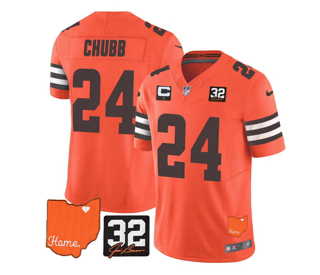 Men's Cleveland Browns #24 Nick Chubb Orange 2023 F.U.S.E. With Jim Brown Memorial Patch And 1-Star C Patch Vapor Untouchable Limited Stitched Jersey Men's Cleveland Browns #24 Nick Chubb Orange 2023 F.U.S.E. With Jim Brown Memorial Patch And 1-Star C Patch Vapor Untouchable Limited Stitched Jersey