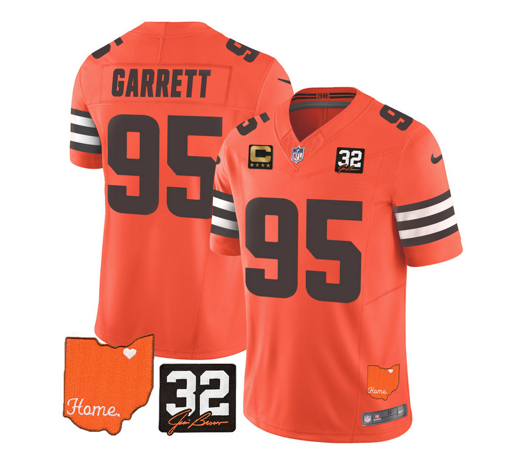 Men's Cleveland Browns #95 Myles Garrett Orange 2023 F.U.S.E. With Jim Brown Memorial Patch And 4-Star C Patch Vapor Untouchable Limited Stitched Jersey Men's Cleveland Browns #95 Myles Garrett Orange 2023 F.U.S.E. With Jim Brown Memorial Patch And 4-Star C Patch Vapor Untouchable Limited Stitched Jersey