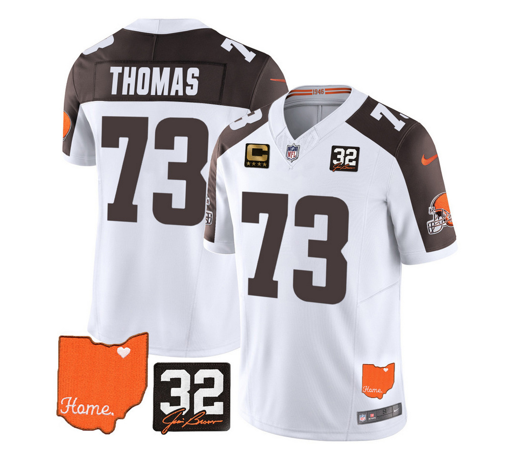 Men's Cleveland Browns #73 Joe Thomas White/Brown 2023 F.U.S.E. With Jim Brown Memorial Patch And 4-Star C Patch Vapor Untouchable Limited Stitched Jersey Men's Cleveland Browns #73 Joe Thomas White/Brown 2023 F.U.S.E. With Jim Brown Memorial Patch And 4-Star C Patch Vapor Untouchable Limited Stitched Jersey