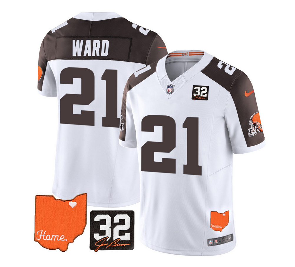 Men's Cleveland Browns #21 Denzel Ward White/Brown 2023 F.U.S.E. With Jim Brown Memorial Patch Vapor Untouchable Limited Stitched Jersey Men's Cleveland Browns #21 Denzel Ward White/Brown 2023 F.U.S.E. With Jim Brown Memorial Patch Vapor Untouchable Limited Stitched Jersey