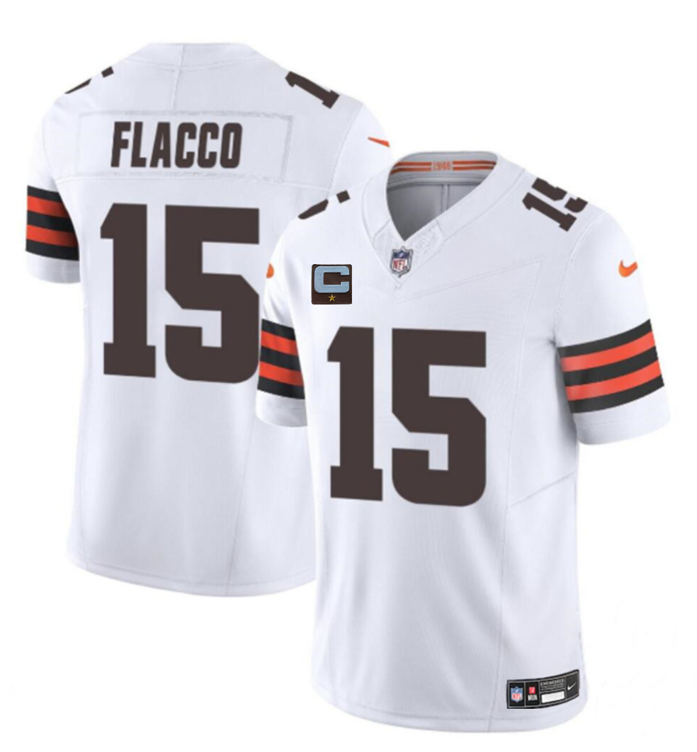 Men's Cleveland Browns #15 Joe Flacco White 2025 F.U.S.E. With 1-Star C Patch Vapor Limited Stitched Football Jersey Men's Cleveland Browns #15 Joe Flacco White 2025 F.U.S.E. With 1-Star C Patch Vapor Limited Stitched Football Jersey