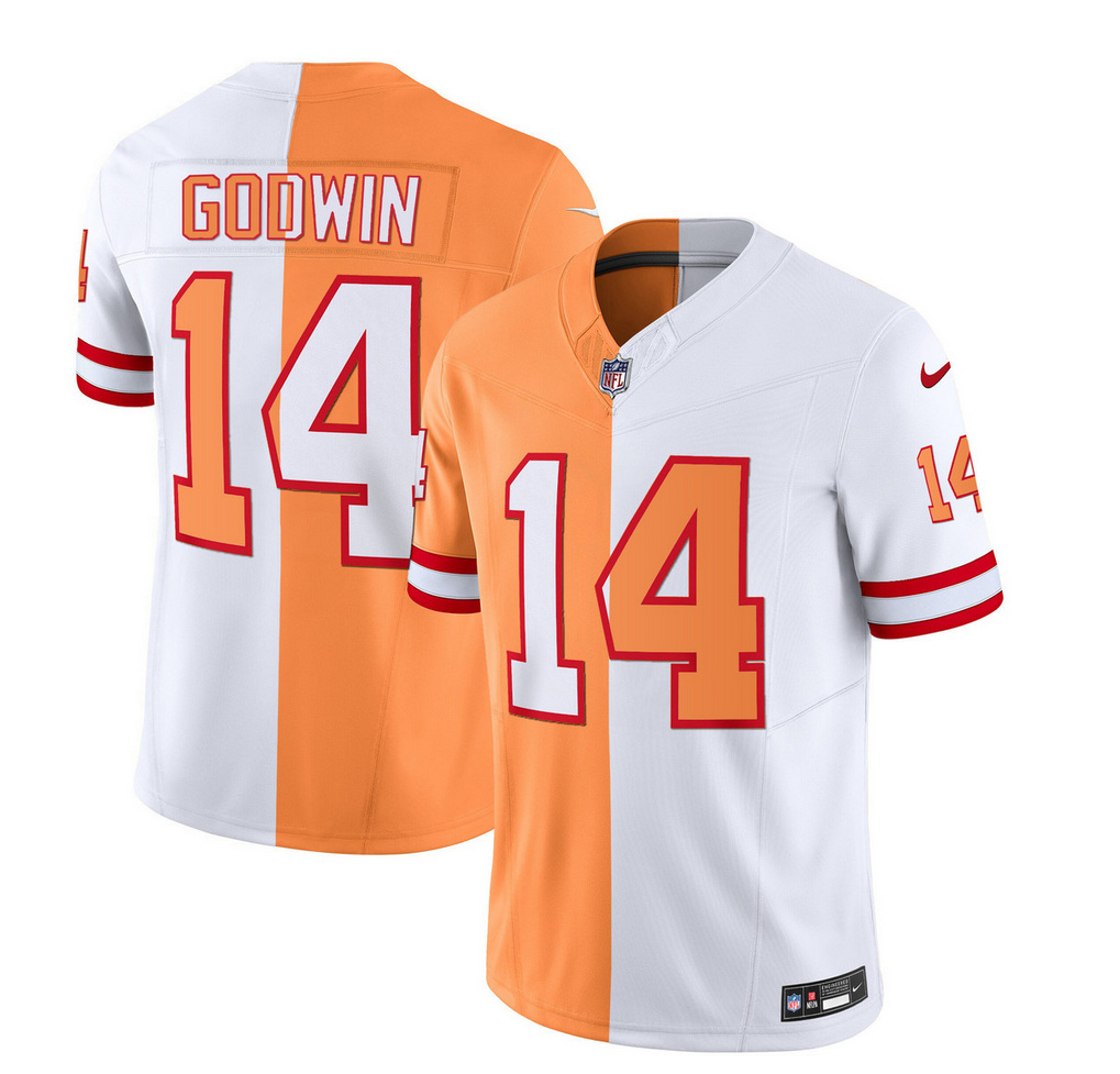 Men's Tampa Bay Buccaneers #14 Chris Godwin 2023 F.U.S.E. White/Gold Split Throwback Limited Stitched Jersey Men's Tampa Bay Buccaneers #14 Chris Godwin 2023 F.U.S.E. White/Gold Split Throwback Limited Stitched Jersey