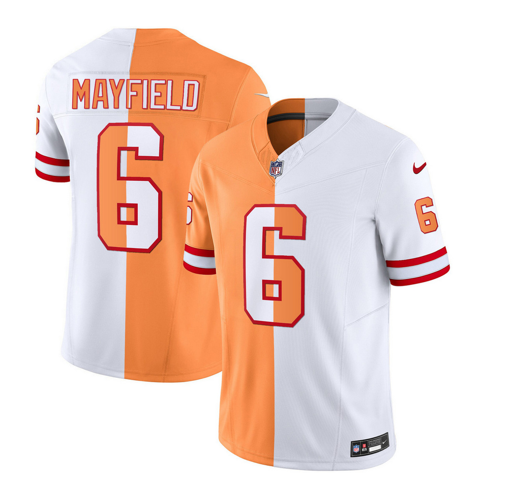 Men's Tampa Bay Buccaneers #6 Baker Mayfield 2023 F.U.S.E. White/Gold Split Throwback Limited Stitched Jersey Men's Tampa Bay Buccaneers #6 Baker Mayfield 2023 F.U.S.E. White/Gold Split Throwback Limited Stitched Jersey