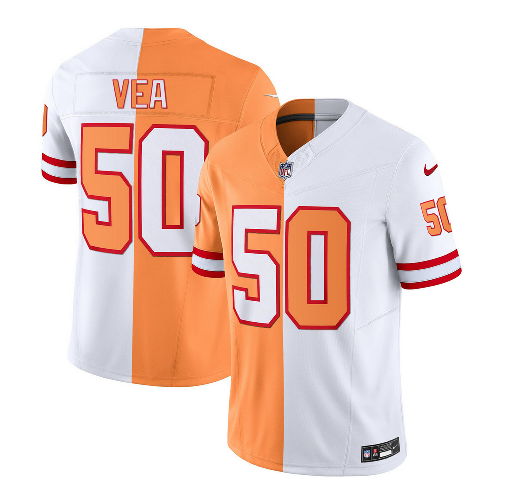 Men's Tampa Bay Buccaneers #50 Vita Vea 2023 F.U.S.E. White/Gold Split Throwback Limited Stitched Jersey Men's Tampa Bay Buccaneers #50 Vita Vea 2023 F.U.S.E. White/Gold Split Throwback Limited Stitched Jersey