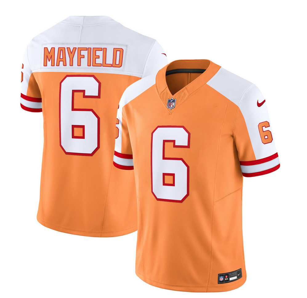 Men's Tampa Bay Buccaneers #6 Baker Mayfield 2023 F.U.S.E. White/Gold Throwback Limited Stitched Jersey Men's Tampa Bay Buccaneers #6 Baker Mayfield 2023 F.U.S.E. White/Gold Throwback Limited Stitched Jersey