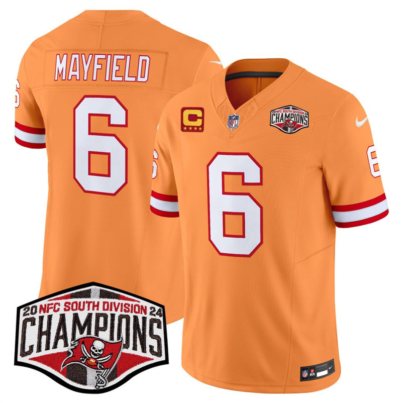 Men's Tampa Bay Buccaneers #6 Baker Mayfield Orange F.U.S.E. 2024 NFC South Champions With 4-Star C Patch Limited Stitched Jersey Men's Tampa Bay Buccaneers #6 Baker Mayfield Orange F.U.S.E. 2024 NFC South Champions With 4-Star C Patch Limited Stitched Jersey