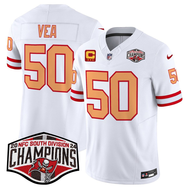 Men's Tampa Bay Buccaneers #50 Vita Vea White F.U.S.E. 2024 NFC South Champions With 3-Star C Patch Limited Stitched Jersey Men's Tampa Bay Buccaneers #50 Vita Vea White F.U.S.E. 2024 NFC South Champions With 3-Star C Patch Limited Stitched Jersey