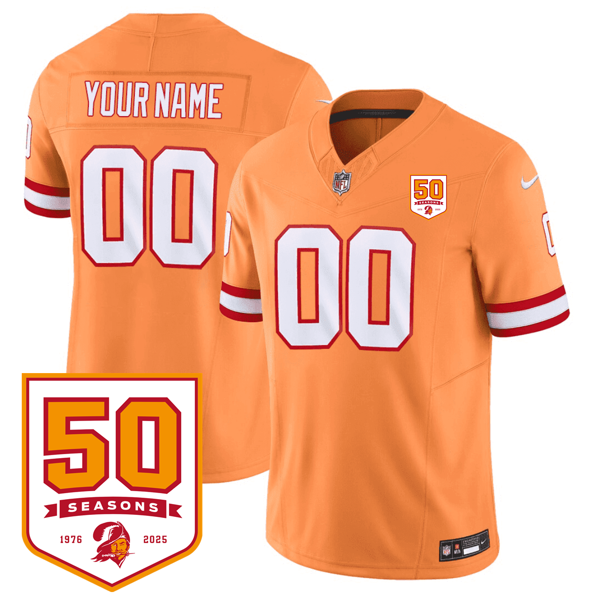 Men's Tampa Bay Buccaneers Active Player Custom Orange 2025 F.U.S.E. 50th Anniversary Patch Vapor Limited Stitched Jersey Men's Tampa Bay Buccaneers Active Player Custom Orange 2025 F.U.S.E. 50th Anniversary Patch Vapor Limited Stitched Jersey