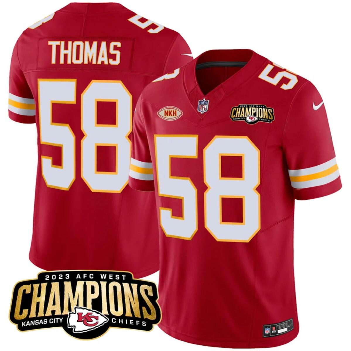 Men’s Kansas City Chiefs #58 Derrick Thomas Red 2023 F.U.S.E. AFC West Champions With 