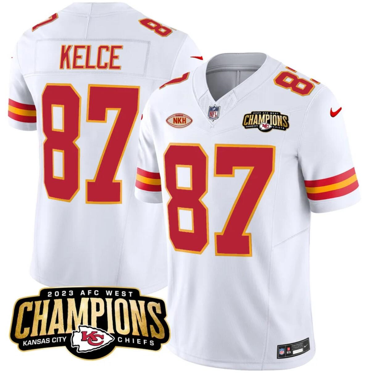 Men’s Kansas City Chiefs #87 Travis Kelce White 2023 F.U.S.E. AFC West Champions With 