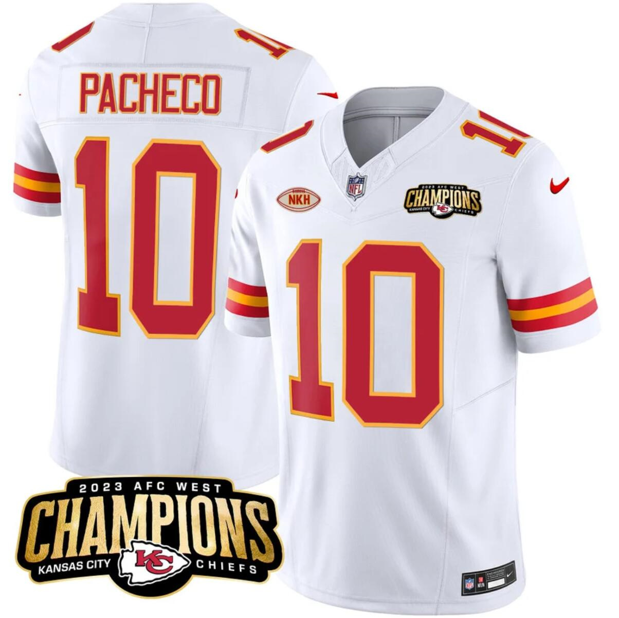 Men’s Kansas City Chiefs #10 Isiah Pacheco White 2023 F.U.S.E. AFC West Champions With "NKH" Patch Vapor Untouchable Limited Stitched Jersey Men’s Kansas City Chiefs #10 Isiah Pacheco White 2023 F.U.S.E. AFC West Champions With "NKH" Patch Vapor Untouchable Limited Stitched Jersey