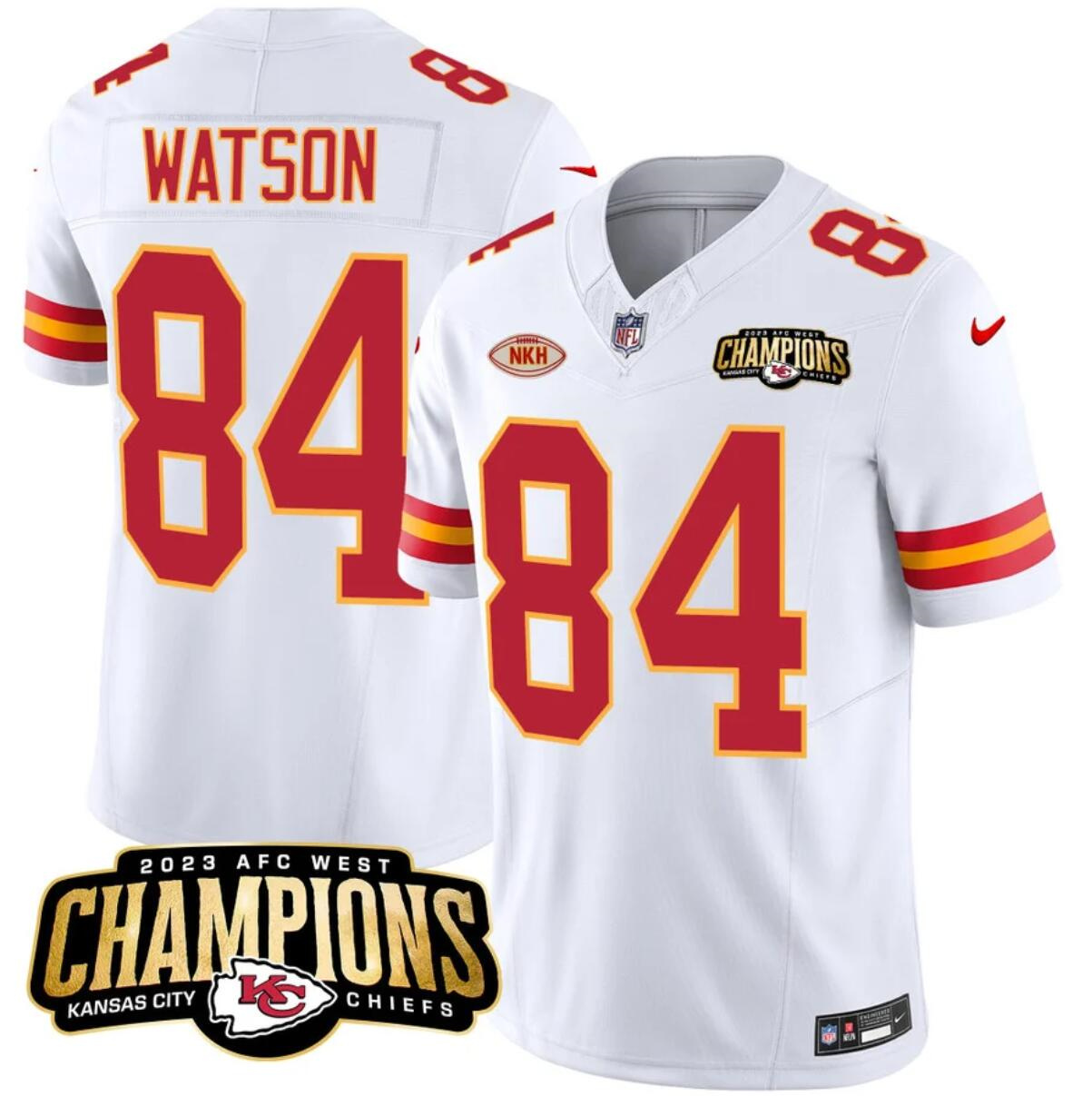 Men’s Kansas City Chiefs #84 Justin Watson White 2023 F.U.S.E. AFC West Champions With "NKH" Patch Vapor Untouchable Limited Stitched Jersey