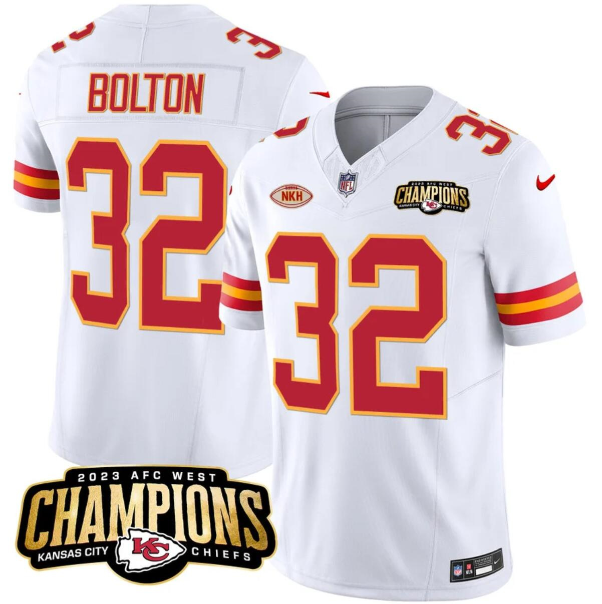 Men’s Kansas City Chiefs #32 Nick Bolton White 2023 F.U.S.E. AFC West Champions With "NKH" Patch Vapor Untouchable Limited Stitched Jersey Men’s Kansas City Chiefs #32 Nick Bolton White 2023 F.U.S.E. AFC West Champions With "NKH" Patch Vapor Untouchable Limited Stitched Jersey