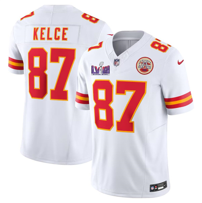 Men's Kansas City Chiefs #87 Travis Kelce White F.U.S.E. Super Bowl LVIII Patch Vapor Untouchable Limited Stitched Football Jersey Men's Kansas City Chiefs #87 Travis Kelce White F.U.S.E. Super Bowl LVIII Patch Vapor Untouchable Limited Stitched Football Jersey