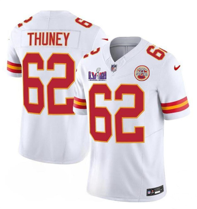 Men's Kansas City Chiefs #62 Joe Thuney White F.U.S.E. Super Bowl LVIII Patch Vapor Untouchable Limited Stitched Football Jersey Men's Kansas City Chiefs #62 Joe Thuney White F.U.S.E. Super Bowl LVIII Patch Vapor Untouchable Limited Stitched Football Jersey