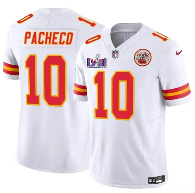 Men's Kansas City Chiefs #10 Isiah Pacheco White F.U.S.E. Super Bowl LVIII Patch Vapor Untouchable Limited Stitched Football Jersey Men's Kansas City Chiefs #10 Isiah Pacheco White F.U.S.E. Super Bowl LVIII Patch Vapor Untouchable Limited Stitched Football Jersey
