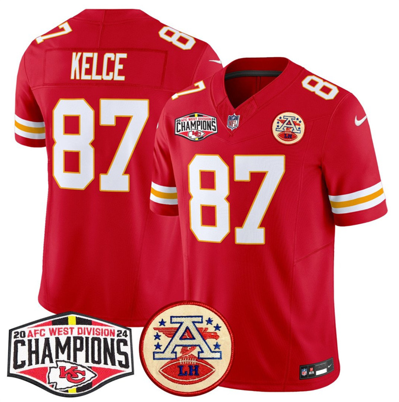 Men's Kansas City Chiefs #87 Travis Kelce Red F.U.S.E. 2024 AFC West Division Champions Vapor Limited Stitched Football Jersey Men's Kansas City Chiefs #87 Travis Kelce Red F.U.S.E. 2024 AFC West Division Champions Vapor Limited Stitched Football Jersey
