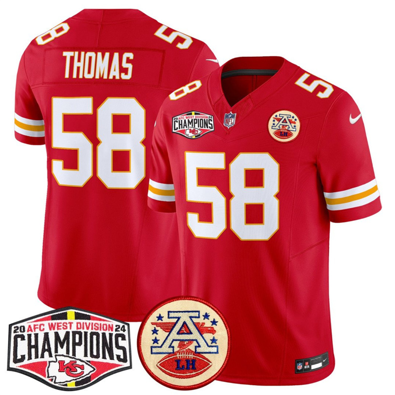Men's Kansas City Chiefs #58 Derrick Thomas Red F.U.S.E. 2024 AFC West Division Champions Vapor Limited Stitched Football Jersey Men's Kansas City Chiefs #58 Derrick Thomas Red F.U.S.E. 2024 AFC West Division Champions Vapor Limited Stitched Football Jersey