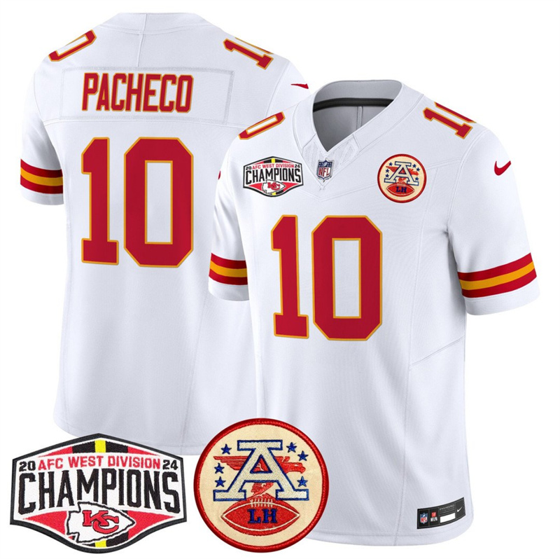 Men's Kansas City Chiefs #10 Isiah Pachecoy White F.U.S.E. 2024 AFC West Division Champions Vapor Limited Stitched Football Jersey Men's Kansas City Chiefs #10 Isiah Pachecoy White F.U.S.E. 2024 AFC West Division Champions Vapor Limited Stitched Football Jersey