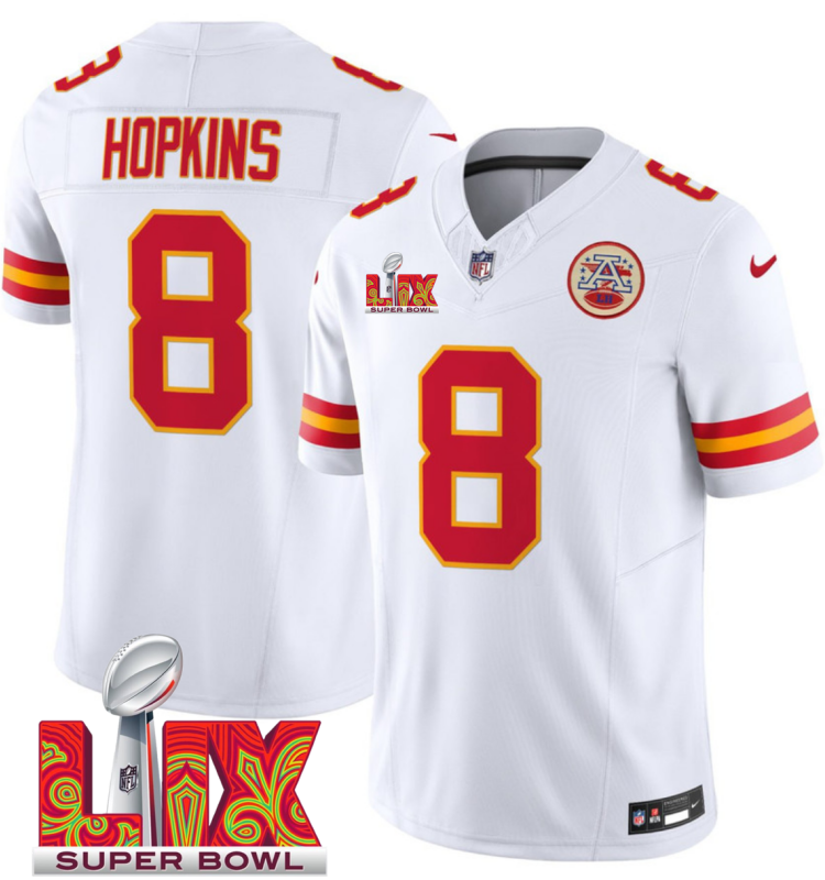 Men's Kansas City Chiefs #8 DeAndre Hopkins White F.U.S.E. 24/25 Super Bowl LIX Vapor Untouchable Limited Stitched Football Jersey Men's Kansas City Chiefs #8 DeAndre Hopkins White F.U.S.E. 24/25 Super Bowl LIX Vapor Untouchable Limited Stitched Football Jersey