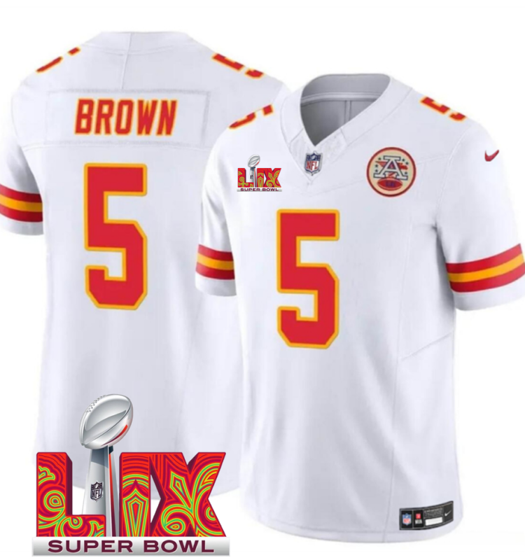 Men's Kansas City Chiefs #5 Hollywood Brown White F.U.S.E. 24/25 Super Bowl LIX Vapor Untouchable Limited Stitched Football Jersey Men's Kansas City Chiefs #5 Hollywood Brown White F.U.S.E. 24/25 Super Bowl LIX Vapor Untouchable Limited Stitched Football Jersey