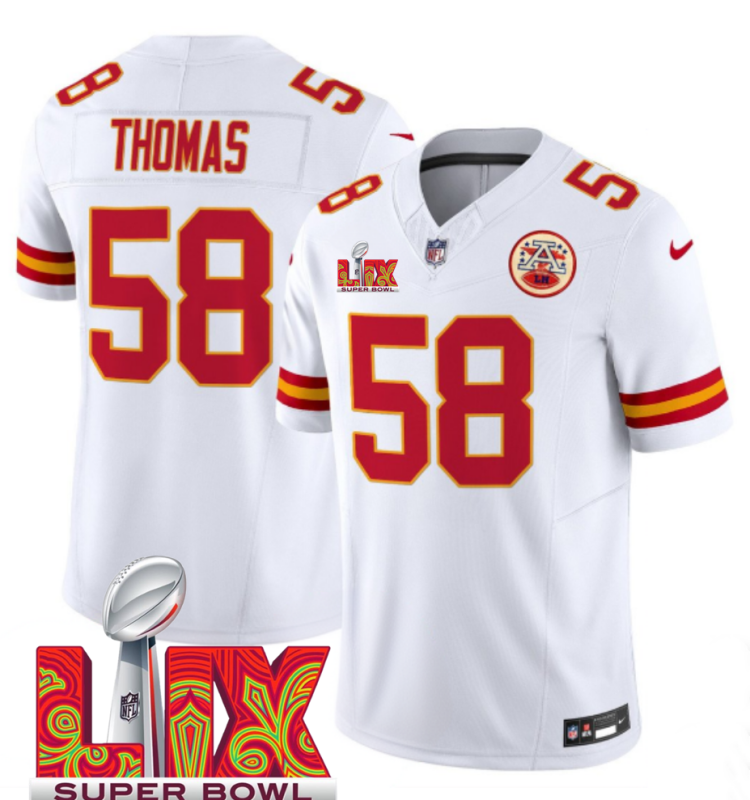 Men's Kansas City Chiefs #58 Derrick Thomas White F.U.S.E. 24/25 Super Bowl LIX Vapor Untouchable Limited Stitched Football Jersey Men's Kansas City Chiefs #58 Derrick Thomas White F.U.S.E. 24/25 Super Bowl LIX Vapor Untouchable Limited Stitched Football Jersey