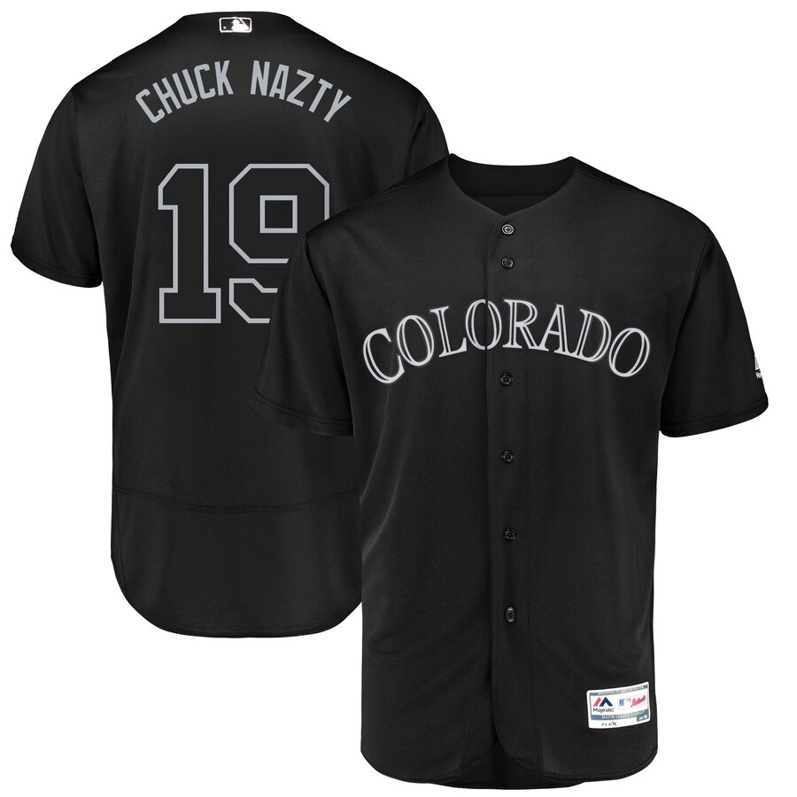Colorado Rockies #19 Charlie Blackmon Chuck Nazty Majestic 2019 Players' Weekend Flex Base Authentic Player Jersey Black Colorado Rockies #19 Charlie Blackmon Chuck Nazty Majestic 2019 Players' Weekend Flex Base Authentic Player Jersey Black